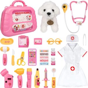 Meland Toy Doctor Kit for Girls - Veterinarian Playset for Girls with Medical Toys, Doctor Costume for Girls Age 3,4,5,6 Year Old for Pretend Play, Christmas Birthday Gift for Toddler Preschool Girls