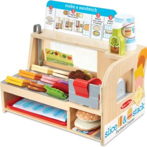 Melissa & Doug Wooden Slice & Stack Sandwich Counter with Deli Slicer – 56-Piece Pretend Play Food Pieces