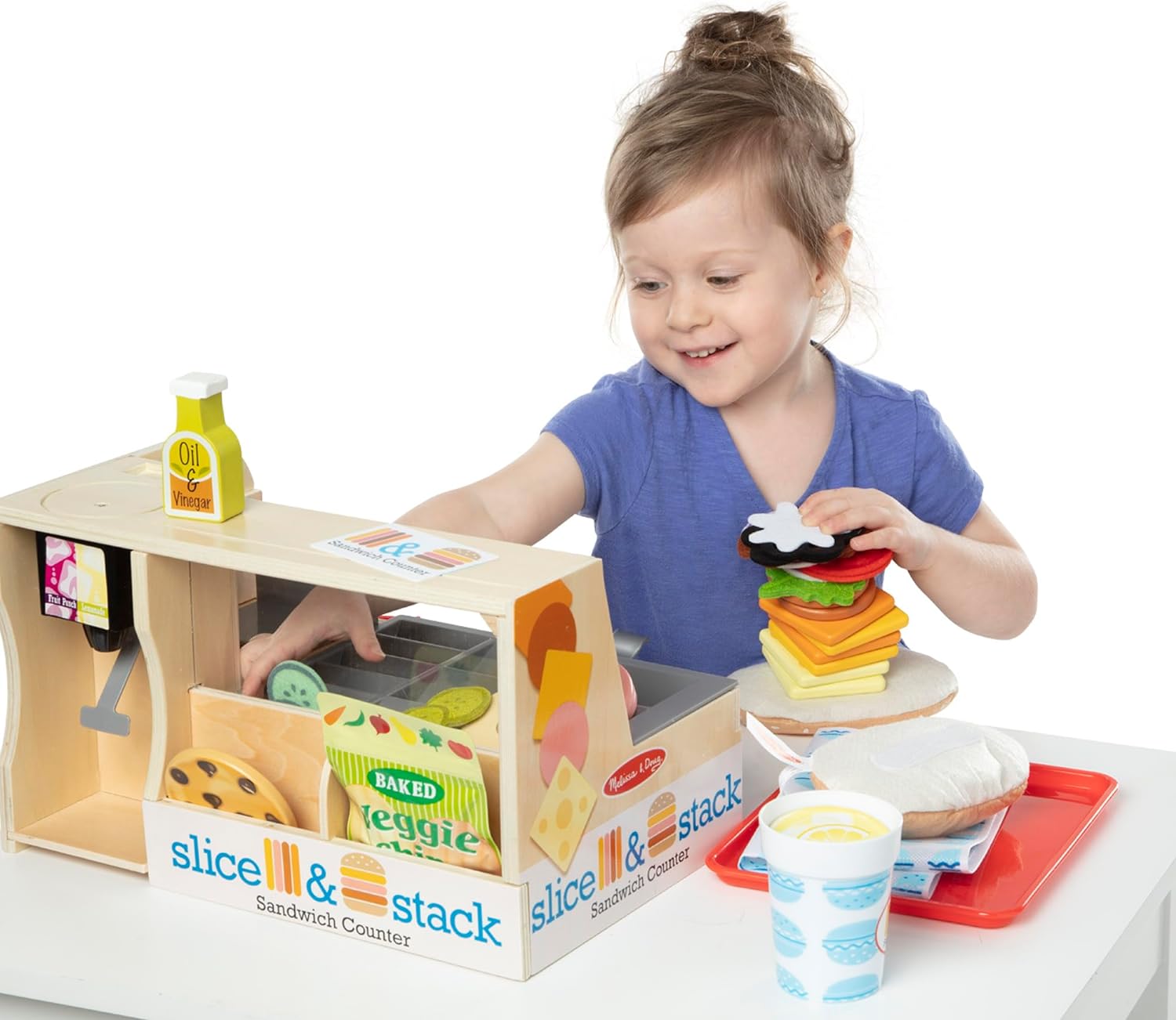 Melissa & Doug Wooden Slice & Stack Sandwich Counter with Deli Slicer – 56-Piece Pretend Play Food Pieces - Image 9