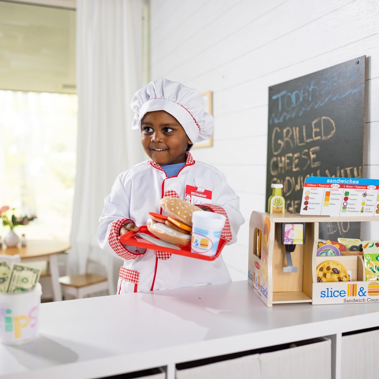 Melissa & Doug Wooden Slice & Stack Sandwich Counter with Deli Slicer – 56-Piece Pretend Play Food Pieces - Image 2