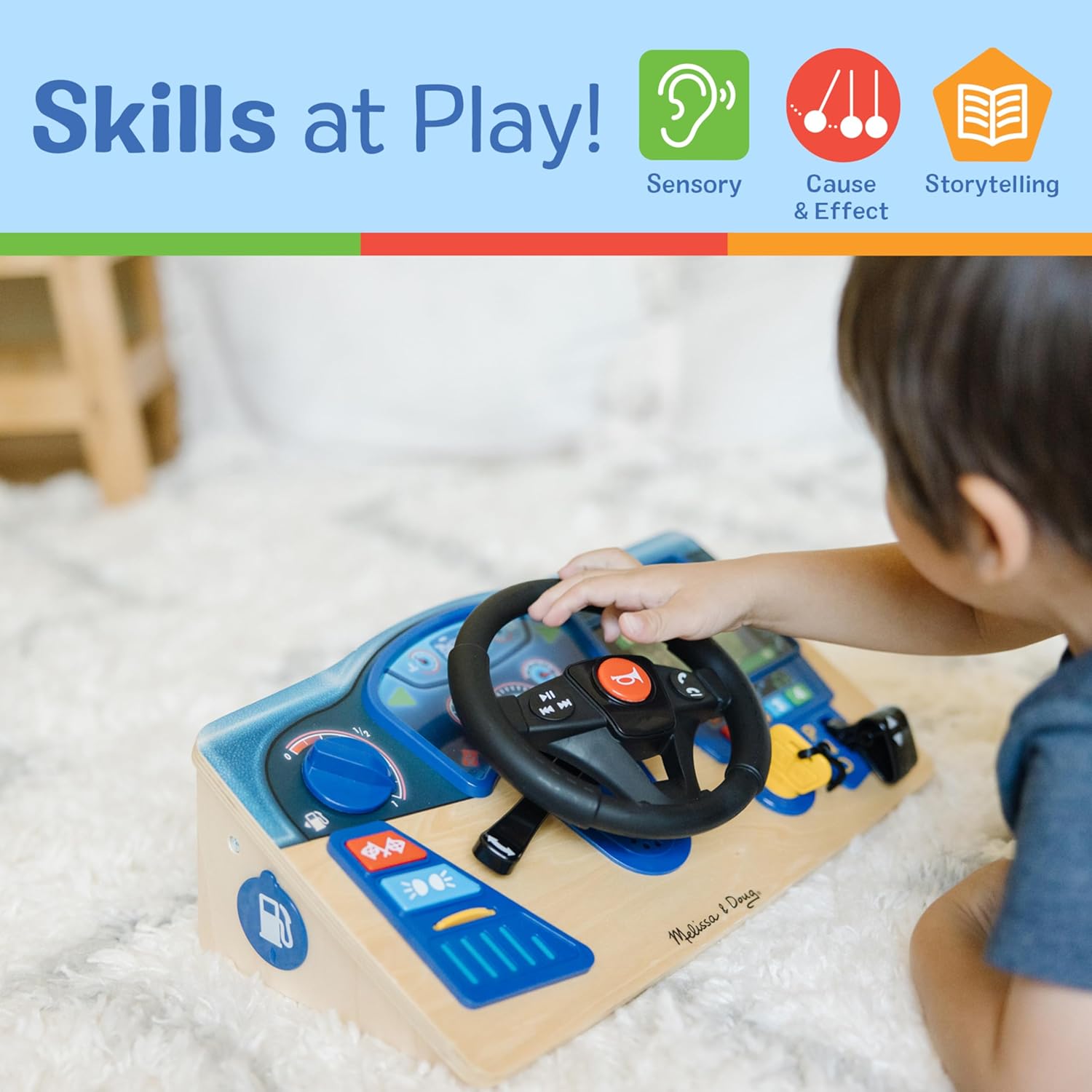 Melissa & Doug Vroom & Zoom Interactive Wooden Dashboard Steering Wheel Pretend Play Driving Toy - FSC Certified - Image 5