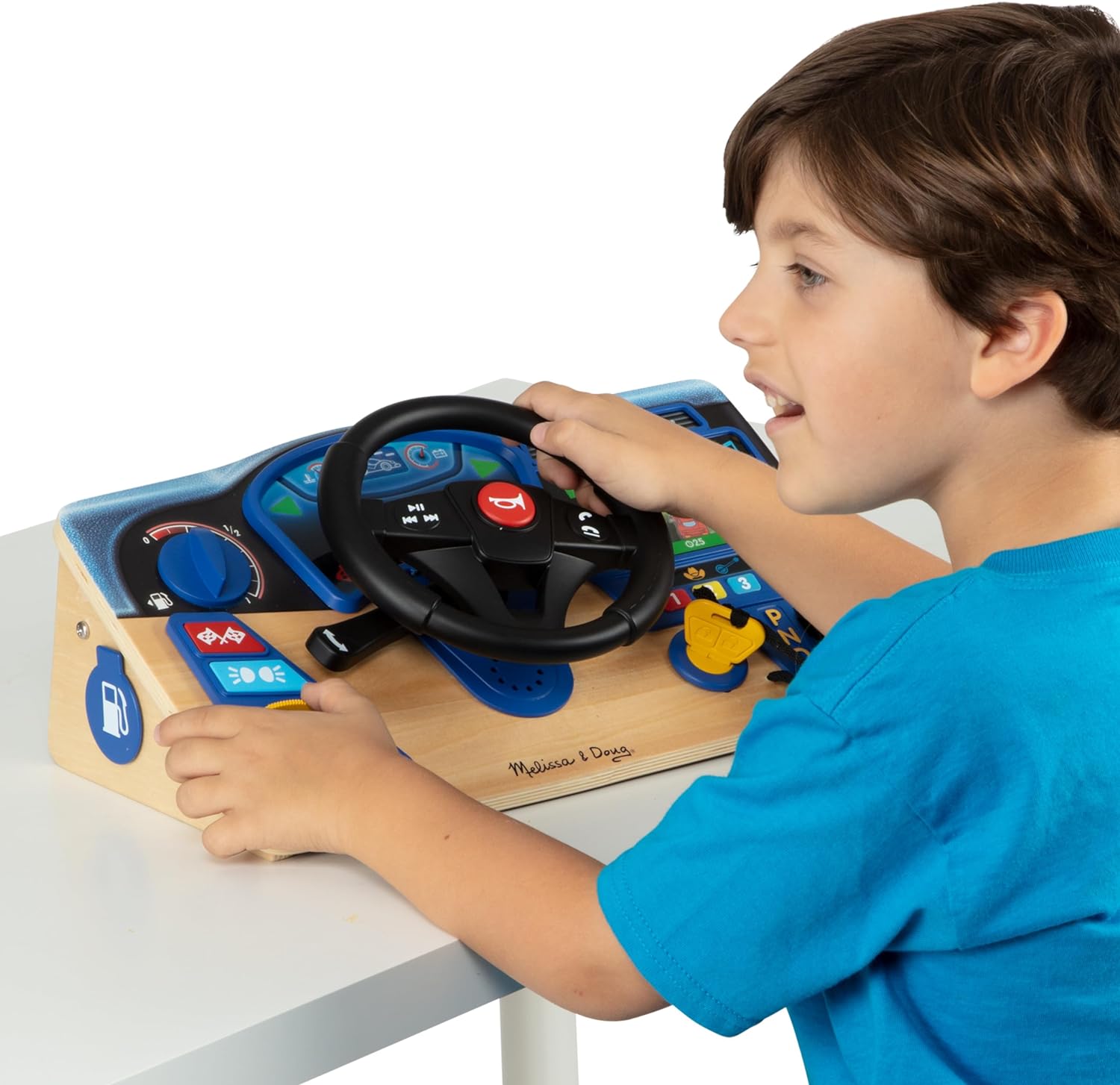 Melissa & Doug Vroom & Zoom Interactive Wooden Dashboard Steering Wheel Pretend Play Driving Toy - FSC Certified - Image 3