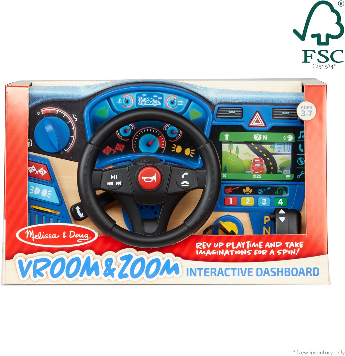 Melissa & Doug Vroom & Zoom Interactive Wooden Dashboard Steering Wheel Pretend Play Driving Toy - FSC Certified - Image 6